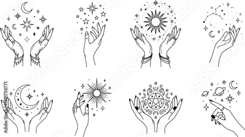 Mystical Hand Celestial Illustration Set with Moon, Stars, Sun, and Spiritual Symbols for Astrology, Magic, and Esoteric Boho Design