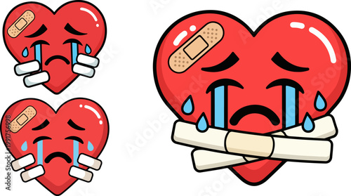 Sad crying heart character with bandages, broken heart emoji set for mental health awareness, wounded red heart vector illustration with tears