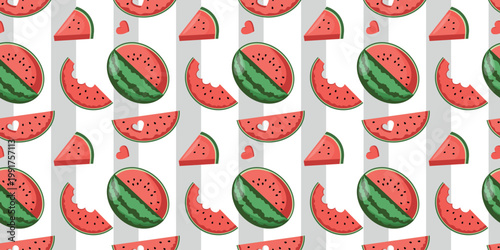 Seamless watermelon pattern with whole slices bitten pieces and heart shapes on striped background