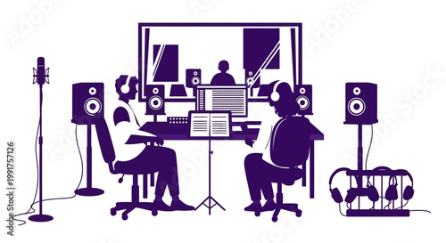 Music production team in recording studio.