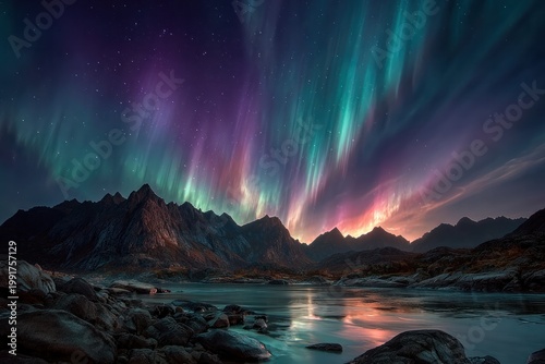 Aurora borealis over mountain landscape and water at night