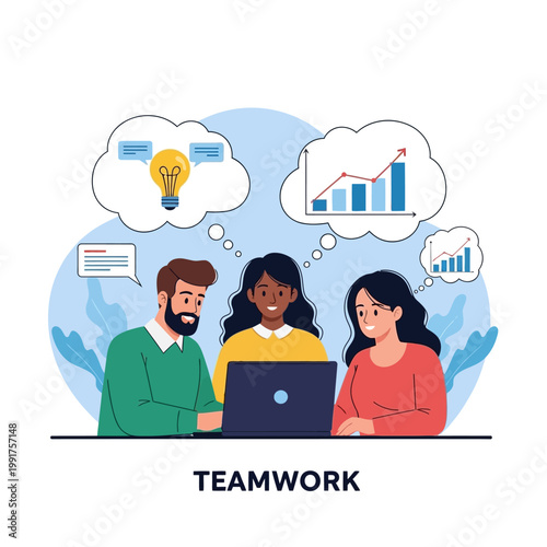 Teamwork collaboration with laptop and ideas.