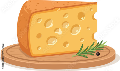 Wedge of swiss cheese with rosemary and peppercorns on cutting board EPS party food dairy product foodstuff ingredient rosemary peppercorns delicious appetizing culinary preparation EPS