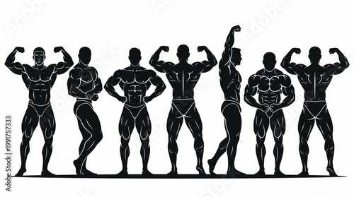 Silhouettes of muscular bodybuilders posing on a white background with muscular