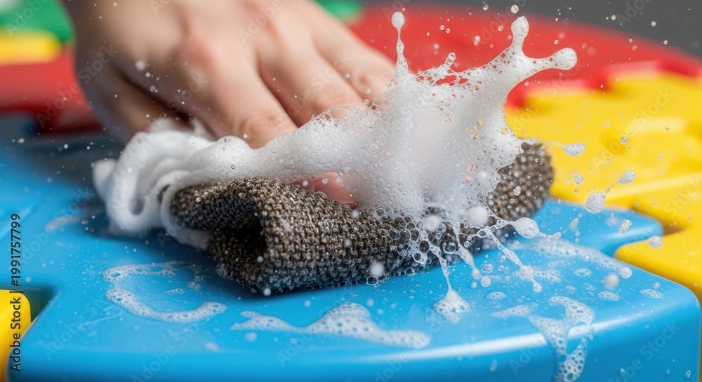 Fototapeta premium Cleaning colorful surface with soapy sponge creating bubbles. Washing process involves scrubbing vibrant plastic mat with hand and soapy water, generating bubbles and splashes.