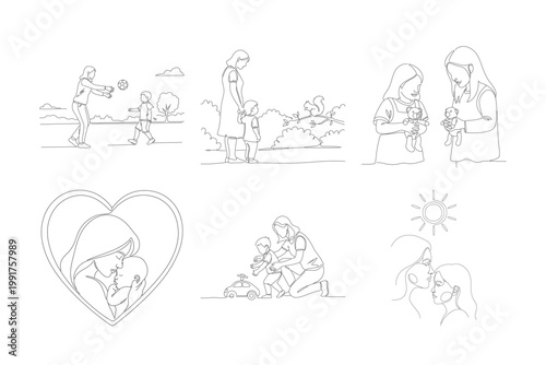 Continuous line art of mother and child playing ball outdoors hugging sharing teddy bears and mother holding baby in heart shape.