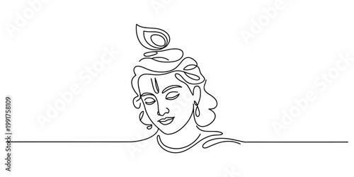 Minimalist single line drawing of lord krishna with a peacock feather and serene expression