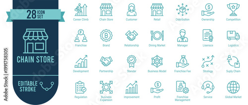 Chain Store and Retail Business 28 Line Icons Set with Editable Stroke — Franchise, Supply Chain, Distribution and Business Model Vector Symbols for Commerce, Logistics and Marketing Design