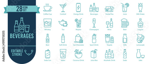 Beverages and Cold Drinks 28 Line Icons Set - Coffee Tea Juice Soda and Refreshment Bar Editable Stroke Vector