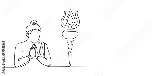 One line art illustration of a spiritual man praying next to a holy fire or ceremonial lamp.