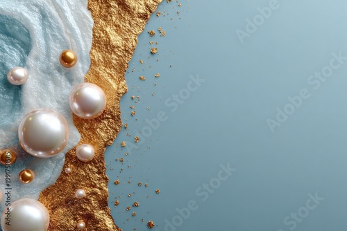 Luxury pearls and gold particles on blue background