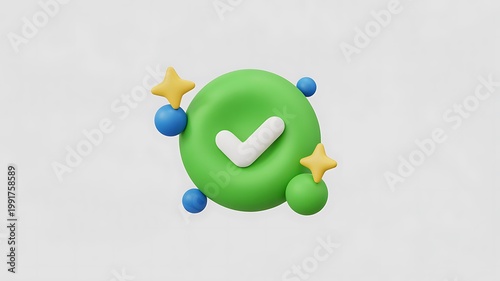 Green checkmark icon, 3D verified symbol, success concept, colorful abstract design
