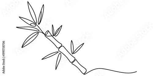 Continuous line drawing of a bamboo stalk with several pointed leaves on a branch