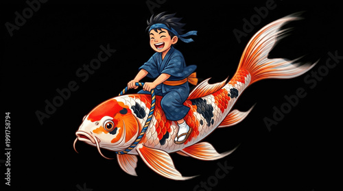 Stylized illustration of a boy riding a large koi fish with illustration