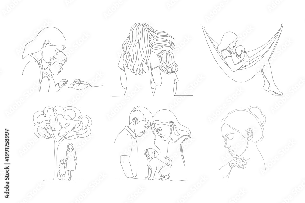 Fototapeta premium Continuous line vector graphics of mother with boy discovering nature looking at ladybug relaxing in hammock and playing with puppy.