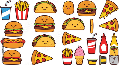 Cute Fast Food Illustration Set with Burger, Pizza, Taco, Fries, and Soft Drink Cartoon Icons for Kids Menu and Street Food Design