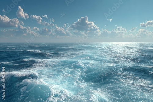 Serene ocean waves under blue sky with white clouds