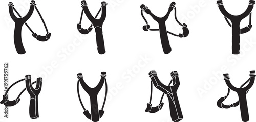 Eight minimalist black silhouette vector illustrations of classic slingshots, showcasing various handheld designs and angles for diverse graphic design and icon applications