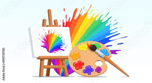 Artist easel with canvas and colorful paint palette.