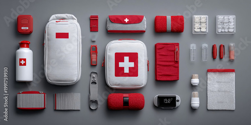 First aid kit layout with supplies and tools on gray background showing different items for health and safety