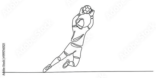 Continuous one line drawing of a professional soccer goalkeeper jumping to catch the ball
