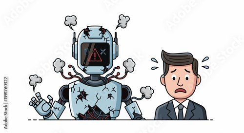 A damaged, smoking robot with an error screen is observed by a worried businessman in a suit
