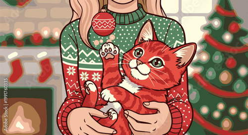 A cozy holiday scene with a person holding a red tabby cat near a fireplace and decorated tree