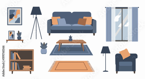 A cozy living room scene with a blue sofa, armchair, coffee table, bookcase, plants, rugs, lamps, and art