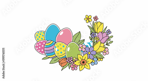 A crescent of colorful Easter eggs adorned with a vibrant bouquet of spring flowers
