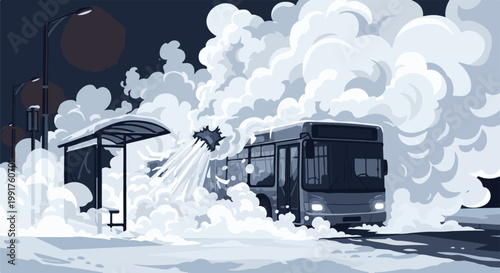 A dark, snowy night scene with a bus enveloped in thick clouds of steam