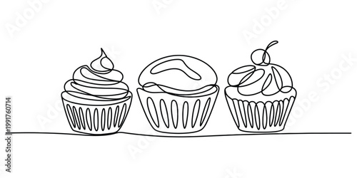 Continuous line drawing of three delicious cupcakes with different frostings and toppings