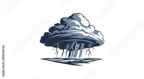 A dark, stormy cloud unleashes bolts of lightning and heavy rain on a stylized landscape