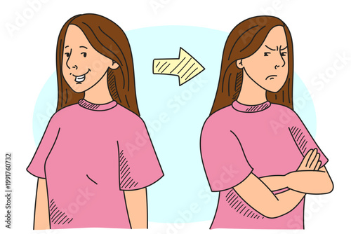 Mood swings doodle vector isolated. Hand-drawn illustration of a teen girl, from happy to angry. Unhappy emotion, facial expression. Mood swings from positive to negative mind.