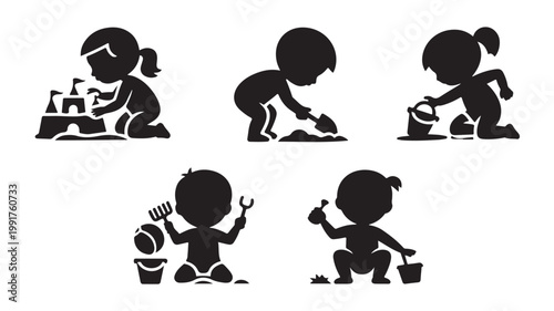 Children Silhouettes Playing On Beach With Sand Toys For Summer Vacation Concepts