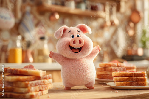 Happy pig character celebrates in a kitchen filled with stacks of toast during breakfast time