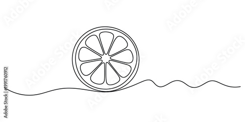 Minimalist continuous line drawing of a citrus fruit slice with internal segments