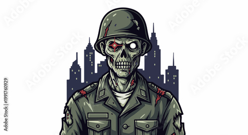 A decaying soldier with one glowing red eye and one white eye, in a city skyline