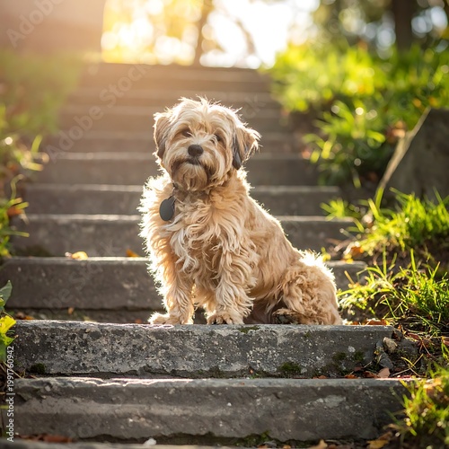 A dog sits on stone stairs surrounded by grass and sunlight