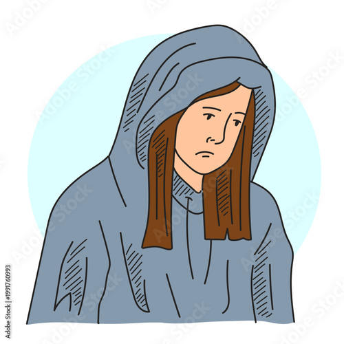 Sad teen in hoodie doodle vector isolated. Hand-drawn illustration of a depressed female character. Unhappy girl alone.