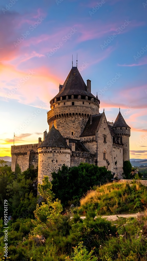 Fototapeta premium A medieval castle with towers and battlements set amidst greenery