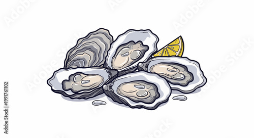 A fresh serving of oysters with a slice of bright lemon