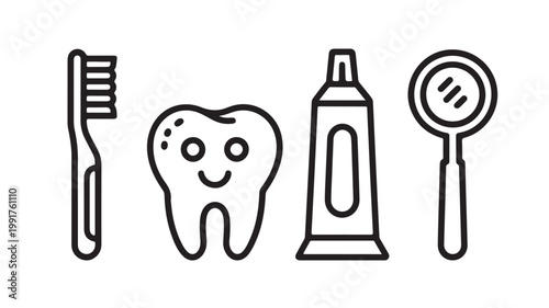 Dental Care Icons Toothbrush Tooth Paste And Mirror For Oral Hygiene Concepts