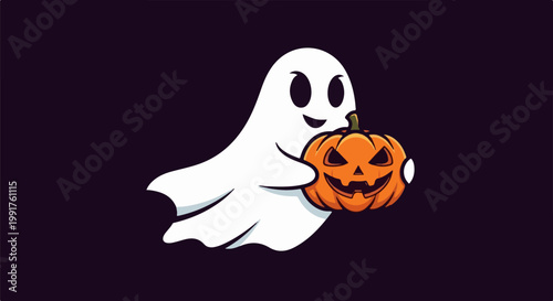A friendly ghost clutches a carved pumpkin against a dark background