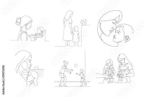 Mother holding baby tenderly one line drawing embracing love caring motherhood illustration parent kid bonding gentle hug gentle.