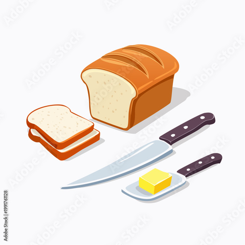 Loaf of bread, slices, butter, and knives