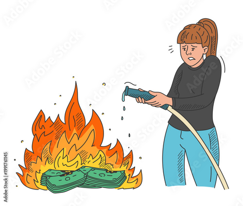 Woman trying to extinguish burning banknotes doodle vector isolated. Idea of financial crisis, bankruptcy and poverty. Currency on fire. Sad girl trying to save money.