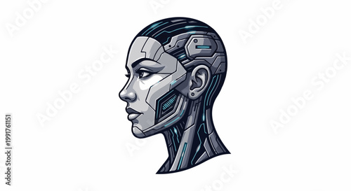 A futuristic cyborg woman's head in profile, with metallic details and glowing blue lines