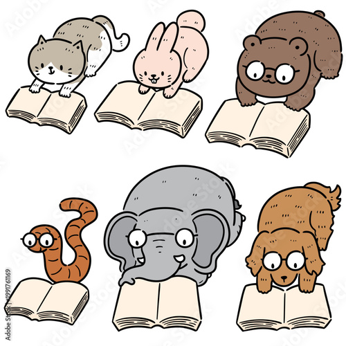 vector set of animal reading book