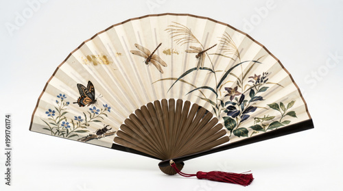 Open hand fan with painted designs of insects and plants dragonfly butterfly