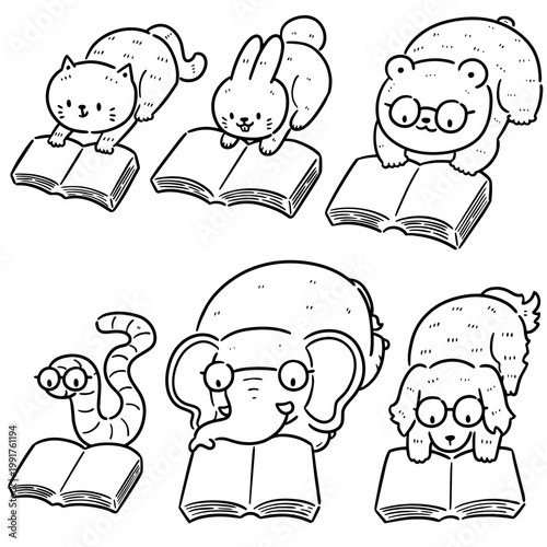 vector set of animal reading book